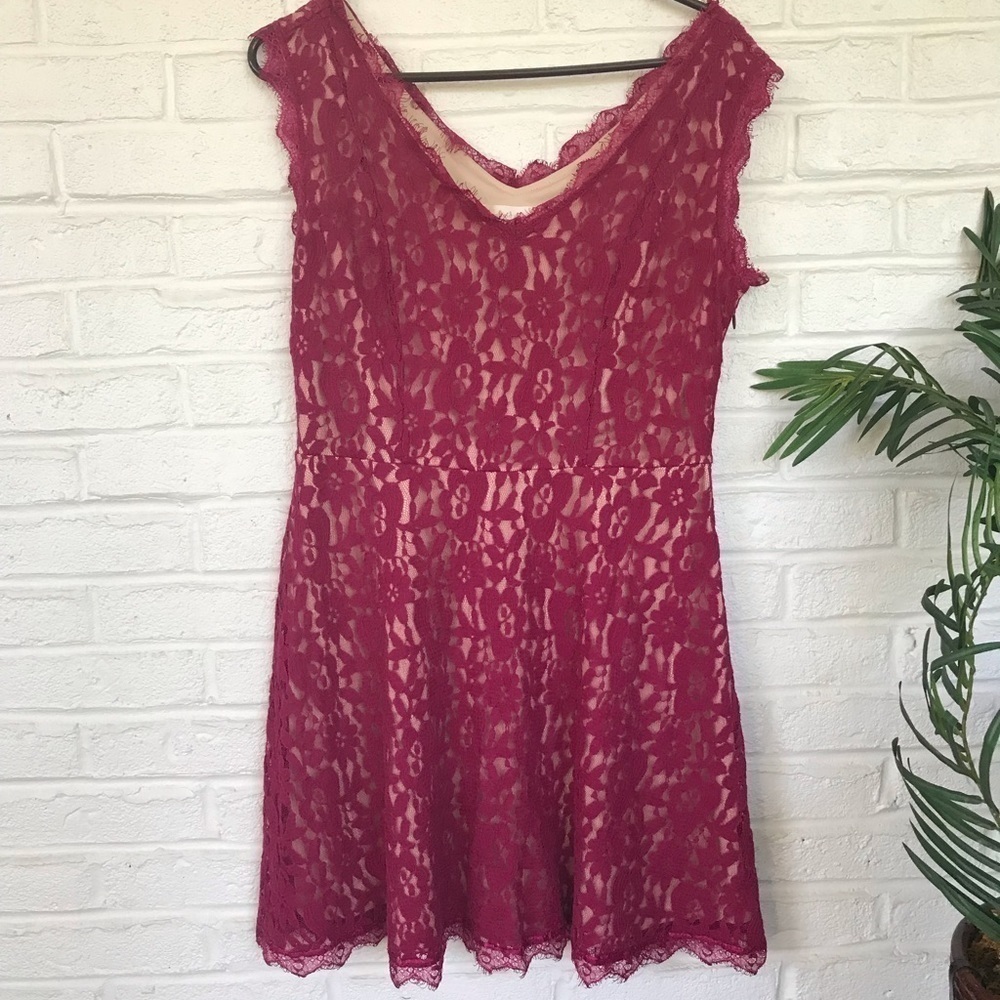 Altar'd State Buirgundy Lace Overlay Skater Dress-Size Large - Picture 2 of 4